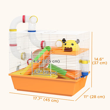 PawHut 3 Tiers Hamster Cage for Gerbil, Dwarf Hamster with Tunnels, Water Bottle, Exercise Wheel, 18" x 11" x 15" - Orange