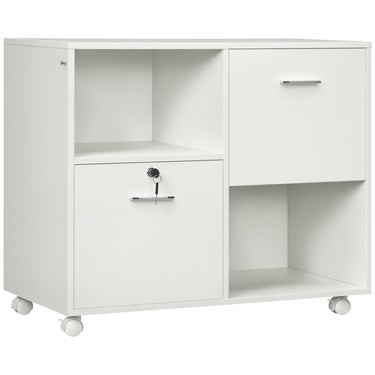 Vinsetto Lateral Filing Cabinet with Drawers and Lock, File Cabinet, Mobile Printer Stand with Open Shelves and Wheels for Letter and A4 Size Documents, White