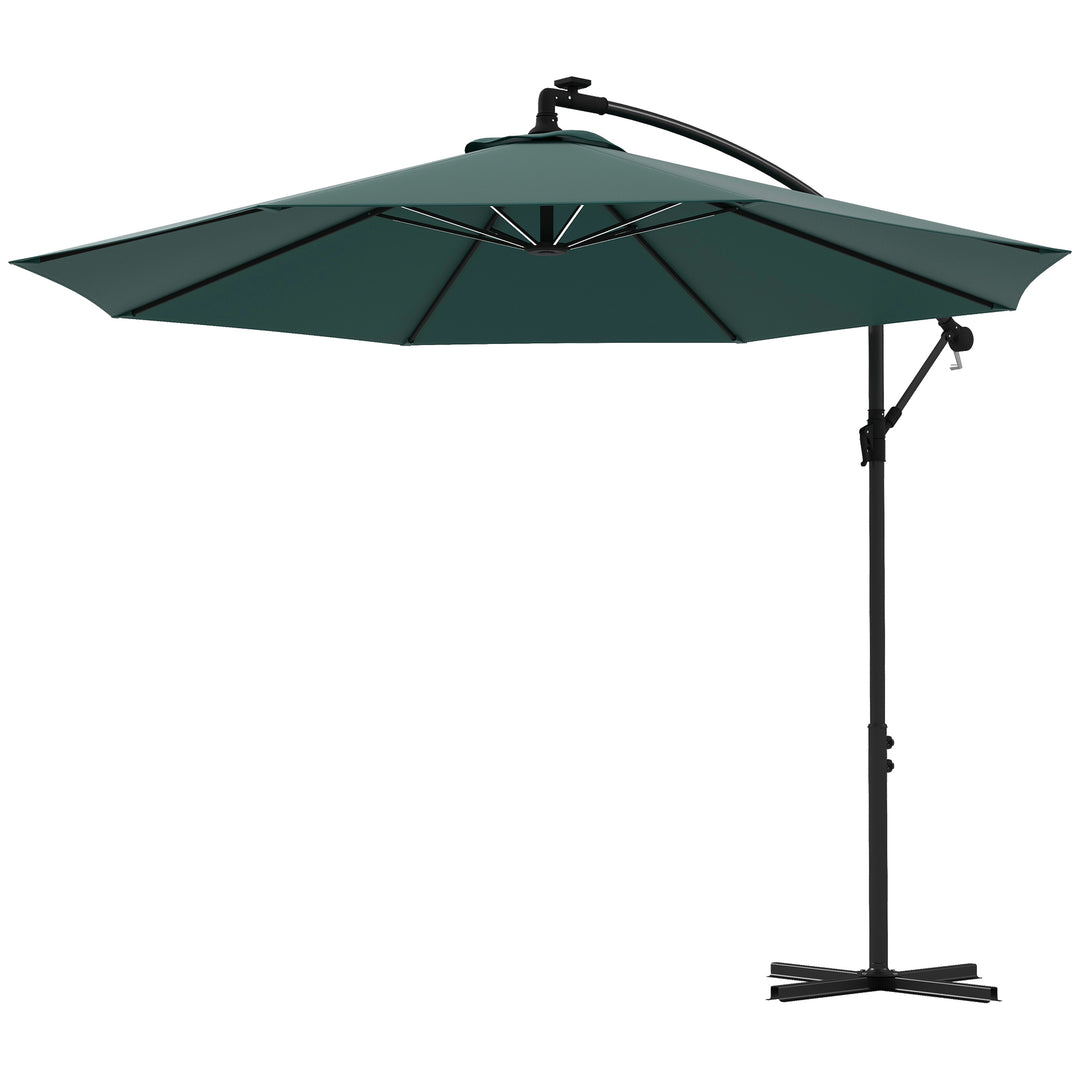 Outsunny 10ft Outdoor Cantilever Hanging Offset Umbrella with Solar LED Lights, Crank, Cross Base, Aluminum Frame, Green