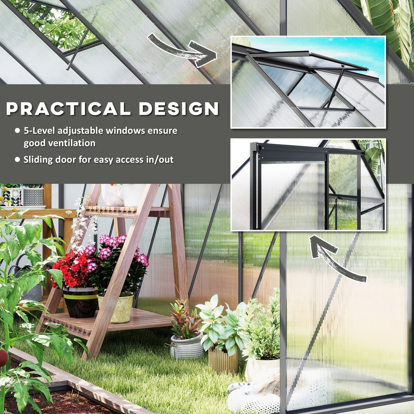 Outsunny 6' x 12' x 6.5' Walk-in Greenhouse, Polycarbonate Greenhouse with Adjustable Roof Vent, Base, Sliding Door, Clear