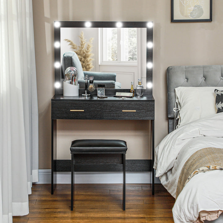 HOMCOM Makeup Vanity Table Set with Stool, Dressing Table with LED Lighting Mirror, Drawers, for Bedroom, Black