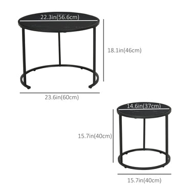 HOMCOM Round Nesting Coffee Table Set of 2, Stacking Modern Accent Tables with Faux Marble Tabletop and Metal Frame for Living Room, Black