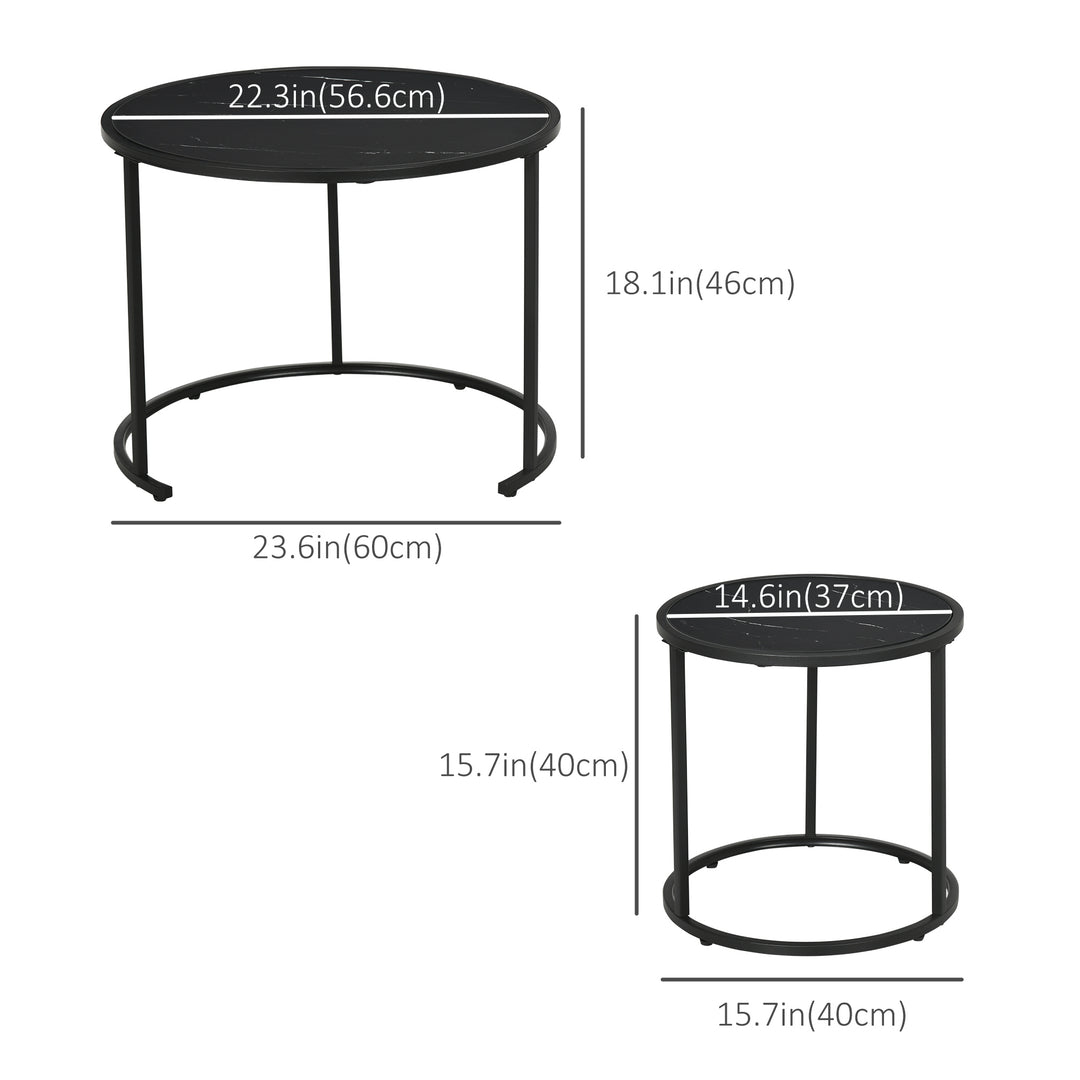 HOMCOM Round Nesting Coffee Table Set of 2, Stacking Modern Accent Tables with Faux Marble Tabletop and Metal Frame for Living Room, Black