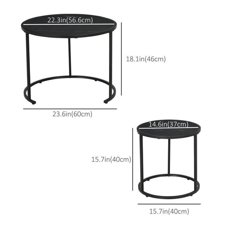 HOMCOM Round Nesting Coffee Table Set of 2, Stacking Modern Accent Tables with Faux Marble Tabletop and Metal Frame for Living Room, Black