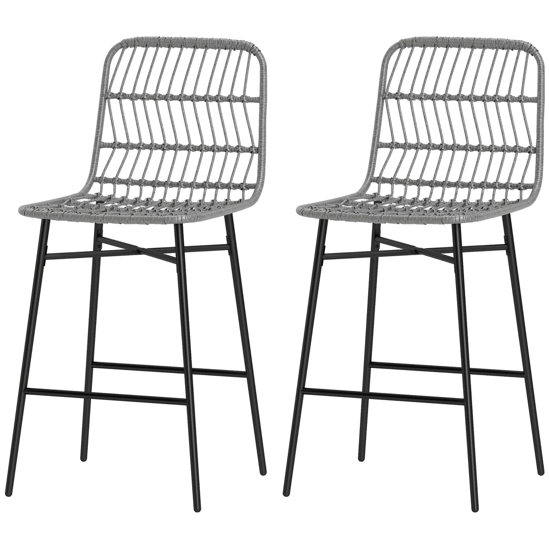 HOMCOM Rattan Counter Height Bar Stools Set of 2, 26" Counter Stools with Back, Modern Bar Chairs for Kitchen Island, Grey