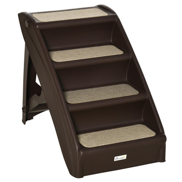 PawHut 4-Level Portable Pet Stairs, Foldable Dog Ramp, Lightweight Cat Steps, with Nonslip Soft Mats, for High Bed, Sofa, Up to 44 lbs, Dark Brown
