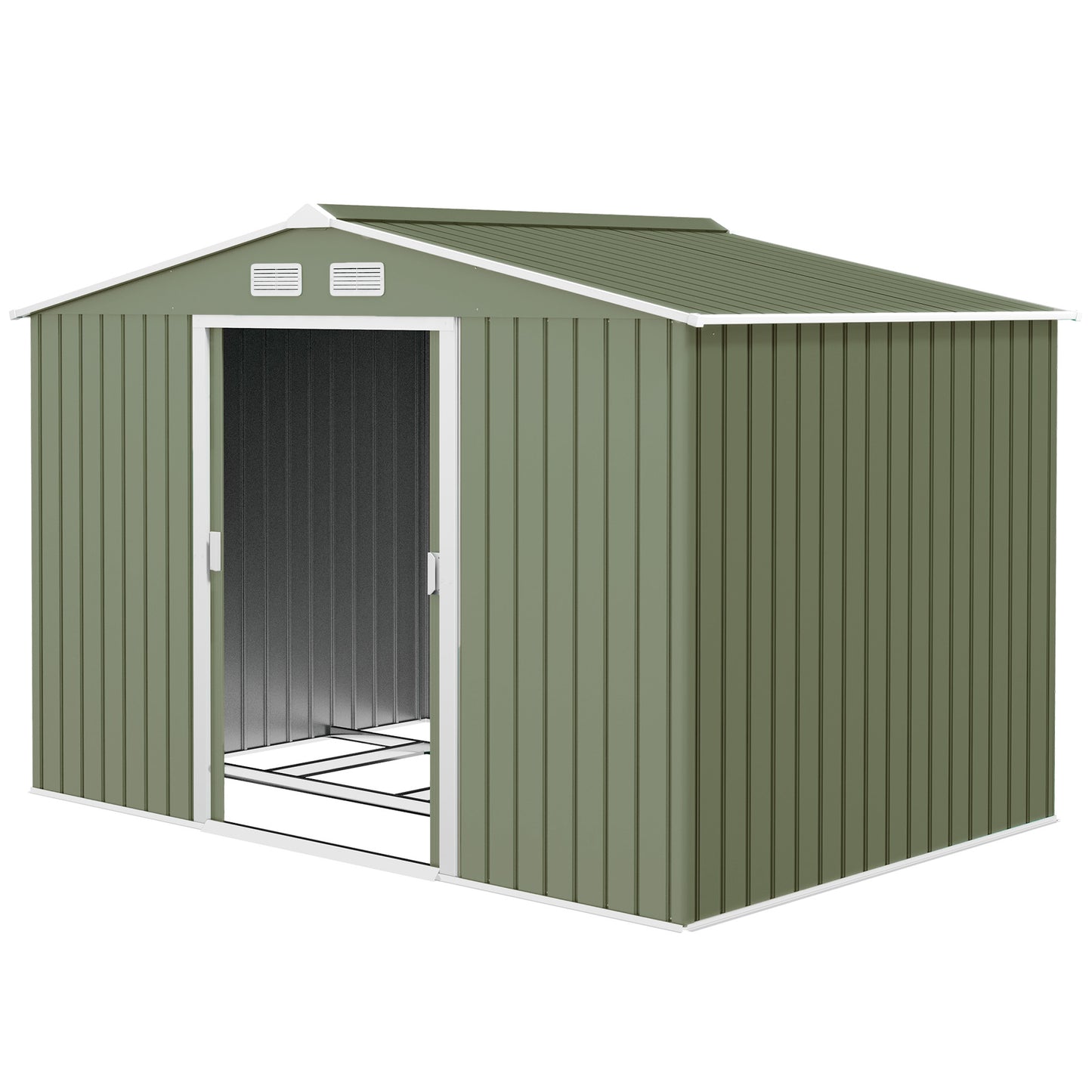Outsunny 9.1'x6.4'x6.3' Garden Storage Shed w/ Foundation Kit Metal Tool Storage House w/ Double Doors Light Green