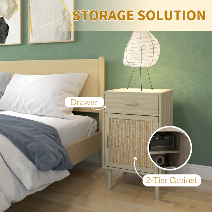 HOMCOM Boho Bedside Tables Set of 2, Nightstands with Drawer, Rattan Cabinet, Adjustable Shelf for Bedroom, Living Room, Black