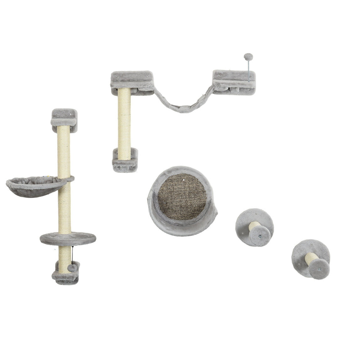 PawHut 5PCs Cat Wall Shelves with Hammock, Scratching Posts, Perches, Ladder, for Indoor Cats, Light Grey