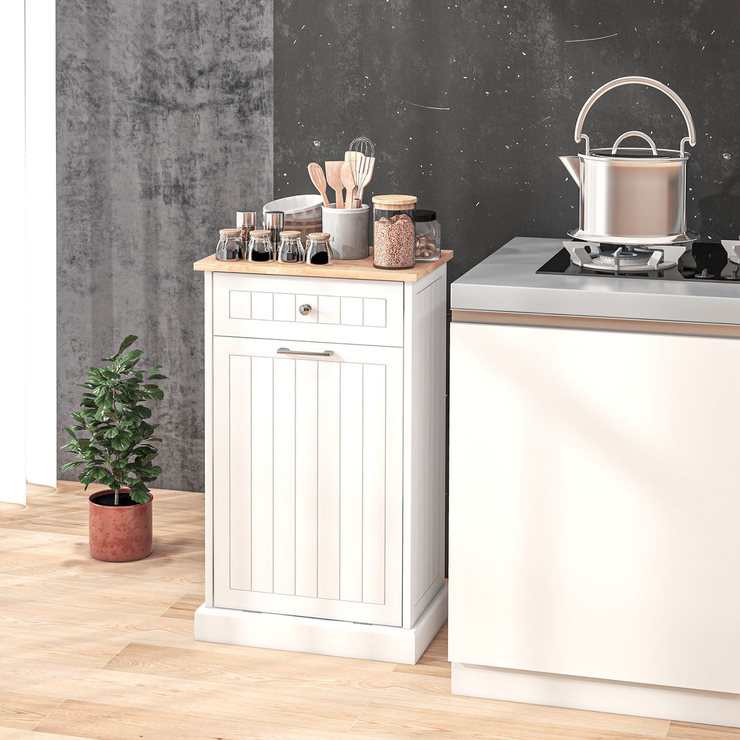 HOMCOM Kitchen Tilt Out Trash Bin Cabinet, Free Standing Recycling Cabinet, Trash Can Holder with Drawer, White