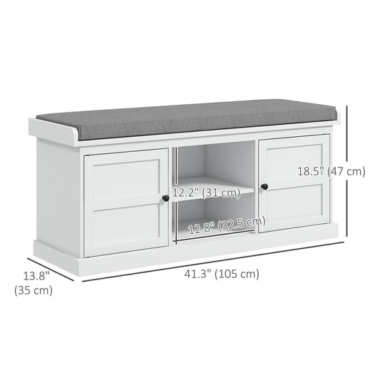 HOMCOM Shoe Storage Bench with Cushioned Seat, Entryway Bench Seat with 2 Cabinets and Adjustable Shelf for Hallway, White