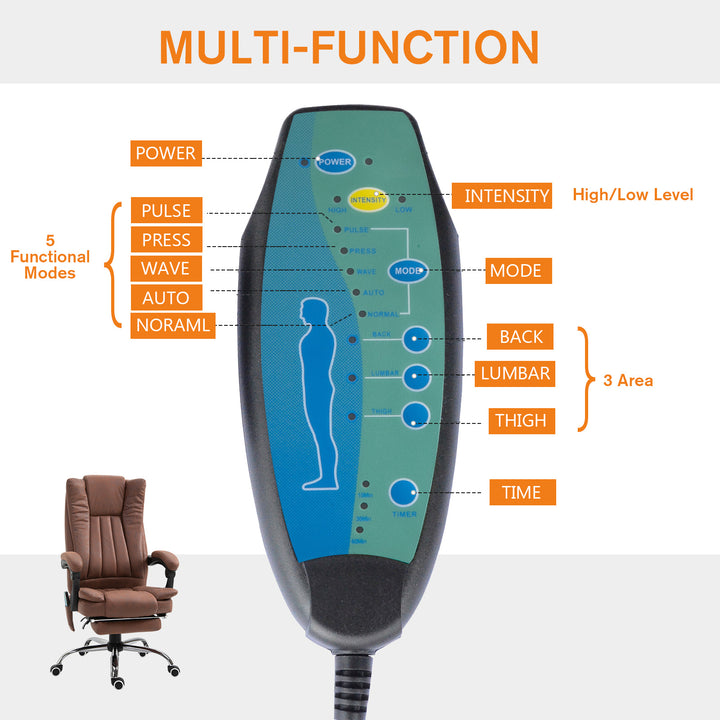 Vinsetto Office Chair 6-point Vibration Massage Chair Micro Fiber Recliner with Retractable Footrest Brown