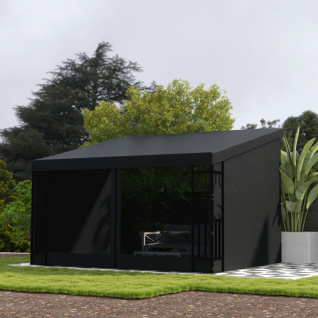 Outsunny 10' x 13' Wall Pergola, Outdoor Gazebo with 2 Curtains and 2 Nettings, UV Resistant, for Patio, Deck, Dark Grey