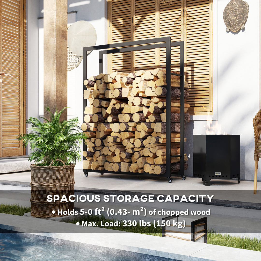 Outsunny Outdoor Firewood Rack with Wheels Heavy Duty Steel Wood Log Storage Stacker for Fireplace, Black