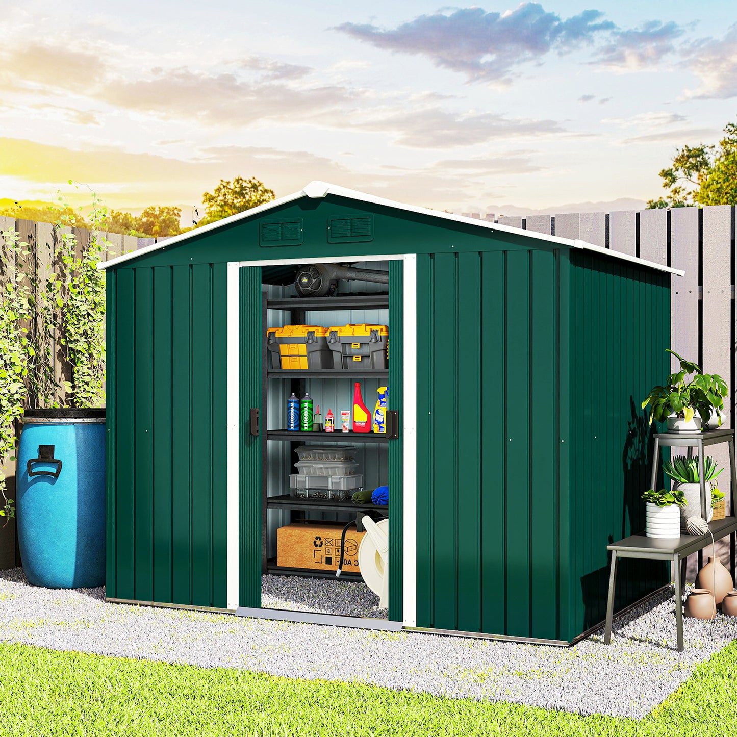 Outsunny 8' x 6' Outdoor Storage Shed, Metal Garden Tool Storage House with Lockable Sliding Doors and Vents for Backyard Patio Lawn, Charcoal Grey