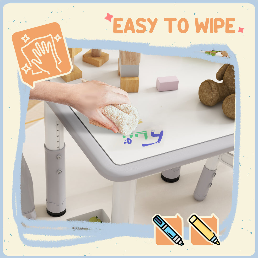 Qaba 3 Pieces Toddler Table and Chair Set, Height Adjustable Kids Table and Chair Set w/ Storage, for Playroom Grey