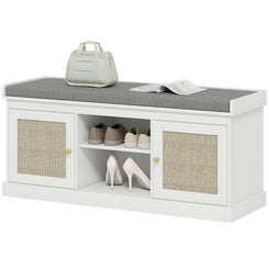 HOMCOM Shoe Bench with Padded Cushion, Boho Entryway Bench with Rattan Doors and Adjustable Shelves, Holds 9 Pairs, White