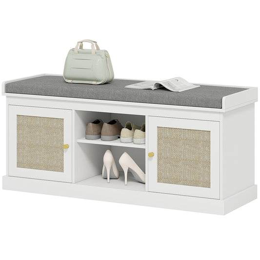 HOMCOM Shoe Bench with Padded Cushion, Boho Entryway Bench with Rattan Doors and Adjustable Shelves, Holds 9 Pairs, White