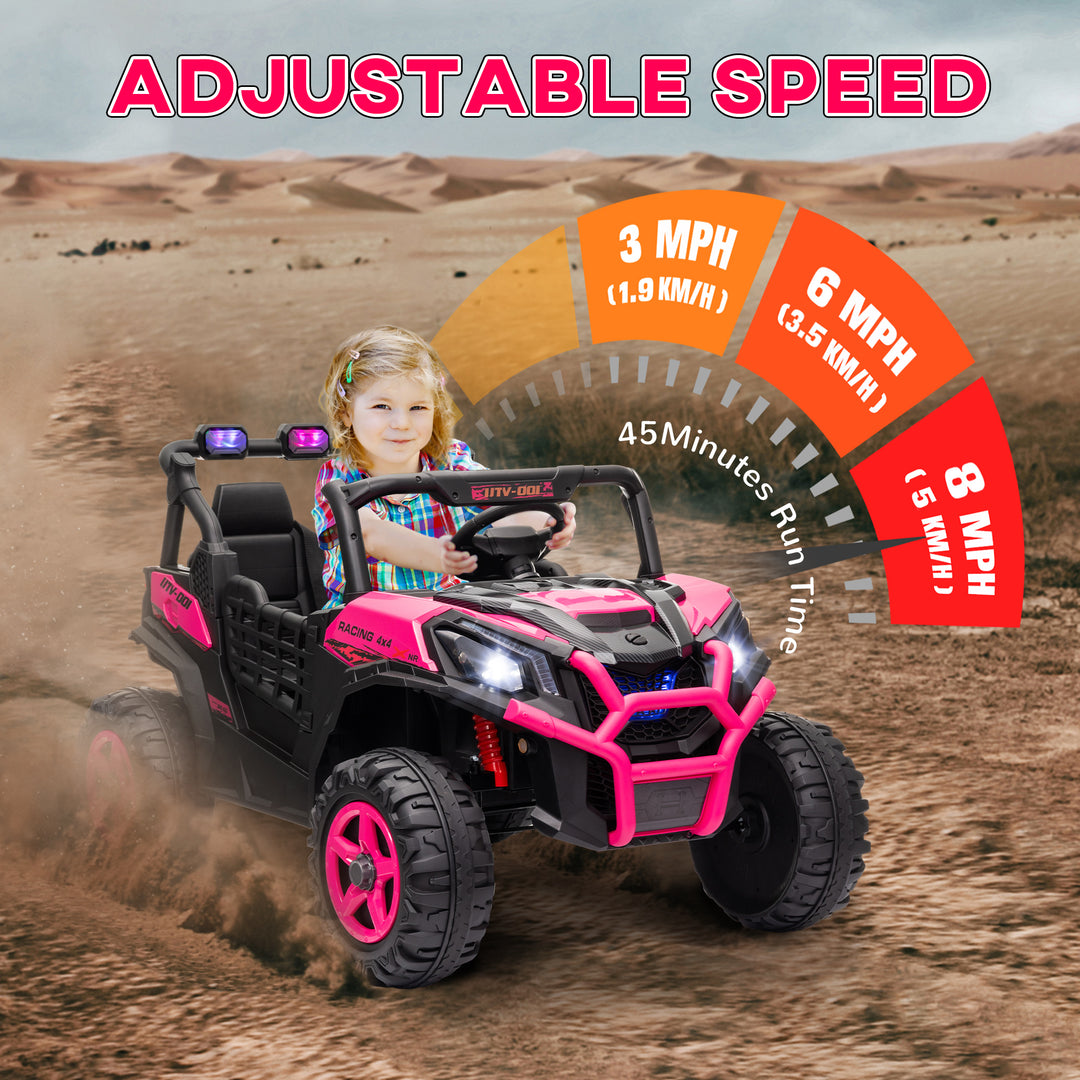 Qaba 2 Seater 24V Electric Car for Kids w/ Remote Control, 3 Speed, LED Lights, Music, Horn, Spring Suspension, Pink