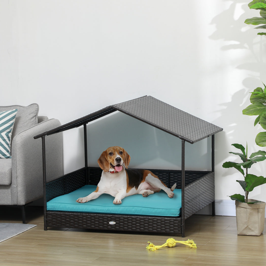 PawHut Outdoor Dog House Wicker Dog Bed with Soft Cushion Washable Cover, for Medium Large Dogs Indoor Outdoor, Blue