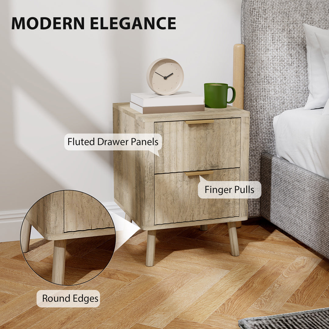 HOMCOM Night Stands Set of 2, Nightstands with Finger Pulls and Fluted Drawers, Bedside Tables with Round Edges, Oak