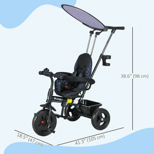 Qaba 6 in 1 Kids Tricycle with Removable Handlebar and Canopy, Navy Blue