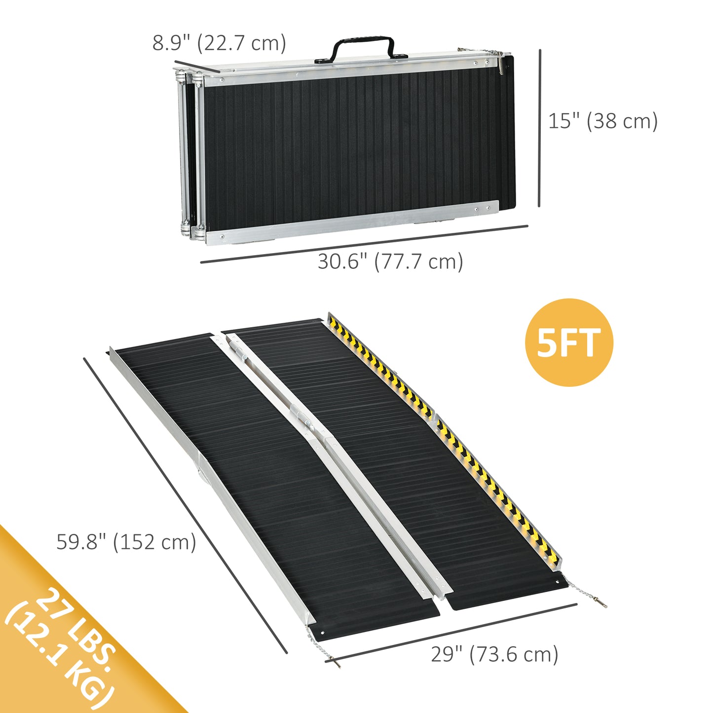 HOMCOM 5ft Wheelchair Ramp Scooter Mobility Non-Skid PVC Layering Portable Foldable Aluminium