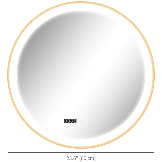 HOMCOM 24" Round Bathroom Mirror with LED Lights, Wall Mounted Vanity Mirror with Anti-Fog Pad, Time and Temp Display, Gold