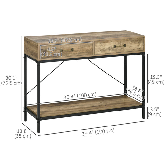 HOMCOM 39" Vintage Console Table, Narrow Entryway Table with Drawers, Storage Shelf for Behind Couch, Living Room, Hallway, Bedroom, Brown
