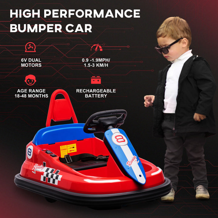 Aosom Kids Bumper Car, 6V 360° Rotation Electric Ride on Car, Twin Motors Battery Powered Toy with Music, Horn and Lights, Safety Belt, for Boys and Girls Aged 18-48 Months - Red