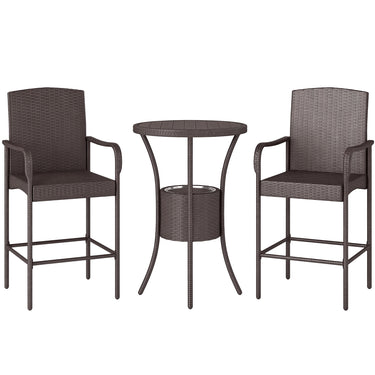 Outsunny 3 Pieces Patio Bar Set, Rattan Bistro Table and Chairs, Outdoor Conversation Furniture Set with Ice Bucket, Dark Brown
