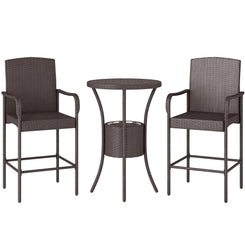 Outsunny 3 Pieces Patio Bar Set, Rattan Bistro Table and Chairs, Outdoor Conversation Furniture Set with Ice Bucket, Dark Brown