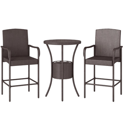 Outsunny 3 Pieces Patio Bar Set, Rattan Bistro Table and Chairs, Outdoor Conversation Furniture Set with Ice Bucket, Dark Brown