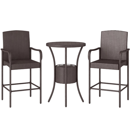 Outsunny 3 Pieces Patio Bar Set, Rattan Bistro Table and Chairs, Outdoor Conversation Furniture Set with Ice Bucket, Dark Brown
