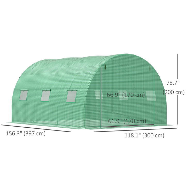 Outsunny 13' x 10' x 6.6'  Walk-in Polytunnel Greenhouse, Outdoor Garden Tunnel Greenhouse Tent with Zipped Roll-Up Door and 6 Mesh Windows, Green