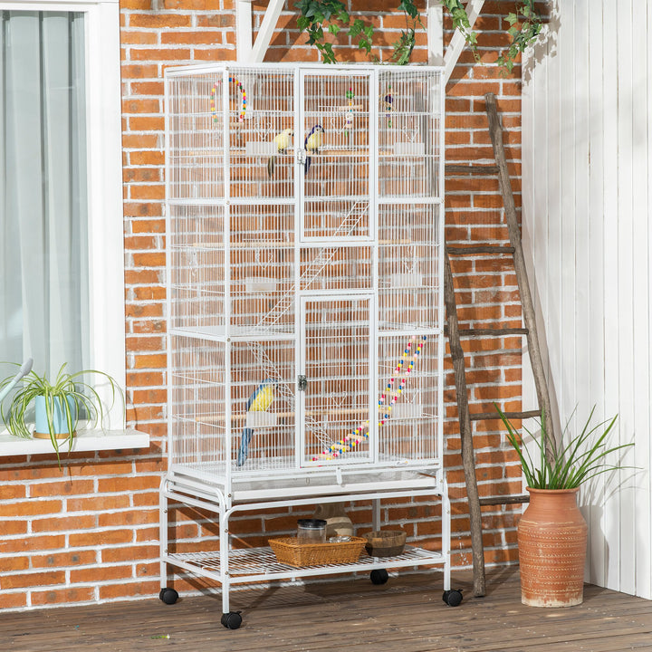 PawHut 71" Bird Cage with Wheels Perches, Ramp, Storage Shelf, Toys for Canaries, Finches, Cockatiels, Parakeets, White