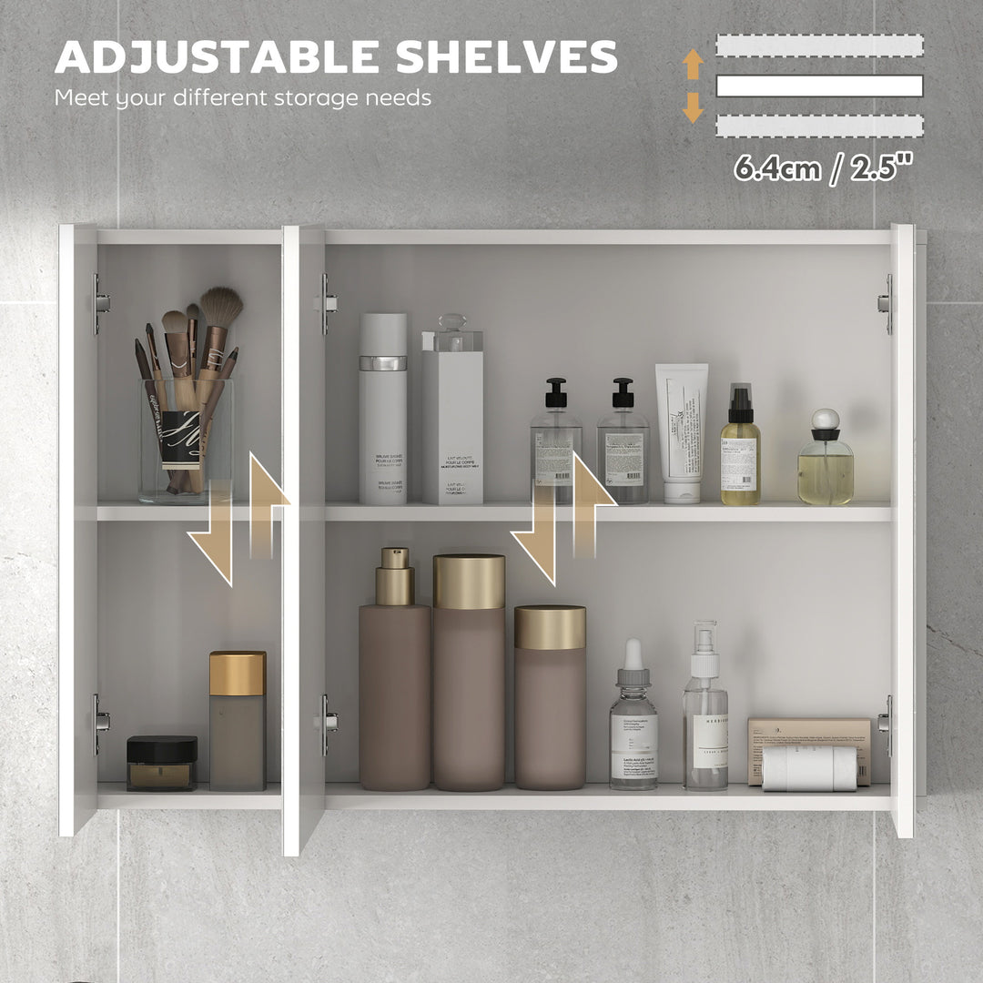 kleankin 28" x 24" Wall Mounted Mirror Cabinet, Bathroom Medicine Cabinet with Mirror, 3 Doors and Adjustable Shelves, White