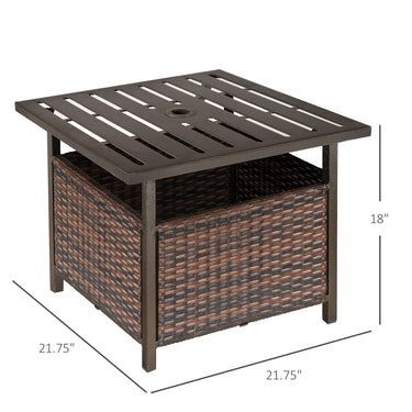 Outsunny 21.75" Outdoor Rattan Wicker Patio Coffee Table with Umbrella Hole, Patio Side Table with Slatted Metal Top, Brown