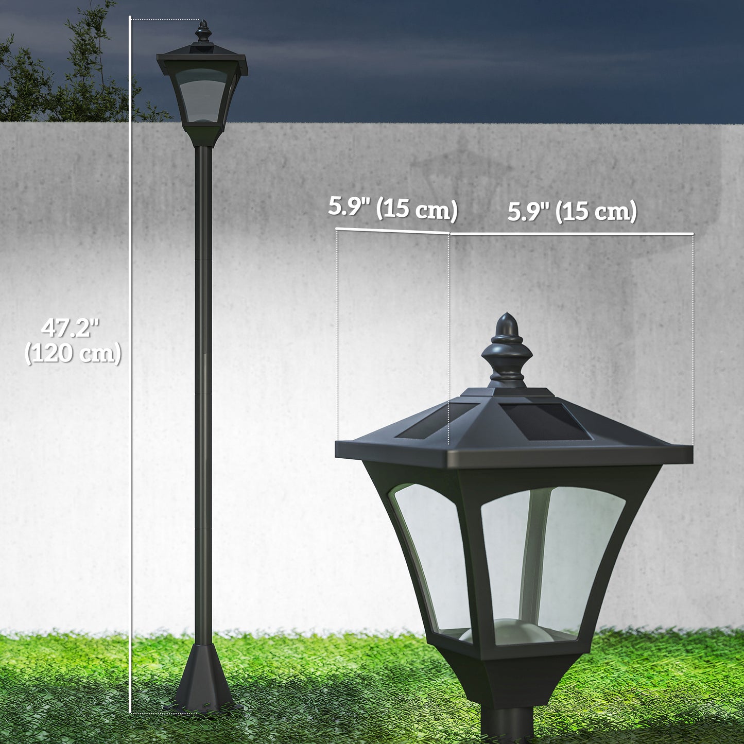 Outsunny Single Solar Lamp Post Garden Solar-Powered LED Streetlight Style Outdoor Light Waterproof 5-6 Hours with Base for Lawn Pathway Walkway 47"H, Black