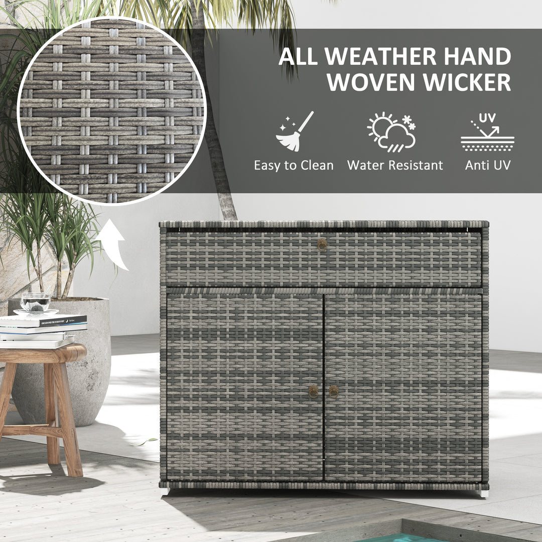 Outsunny Outdoor Storage Cabinet, Wicker 2-Door Pool Towel Storage Cabinet with Drawer, PE Rattan Pool Organizer, Grey