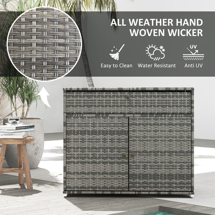 Outsunny Outdoor Storage Cabinet, Wicker 2-Door Pool Towel Storage Cabinet with Drawer, PE Rattan Pool Organizer, Grey