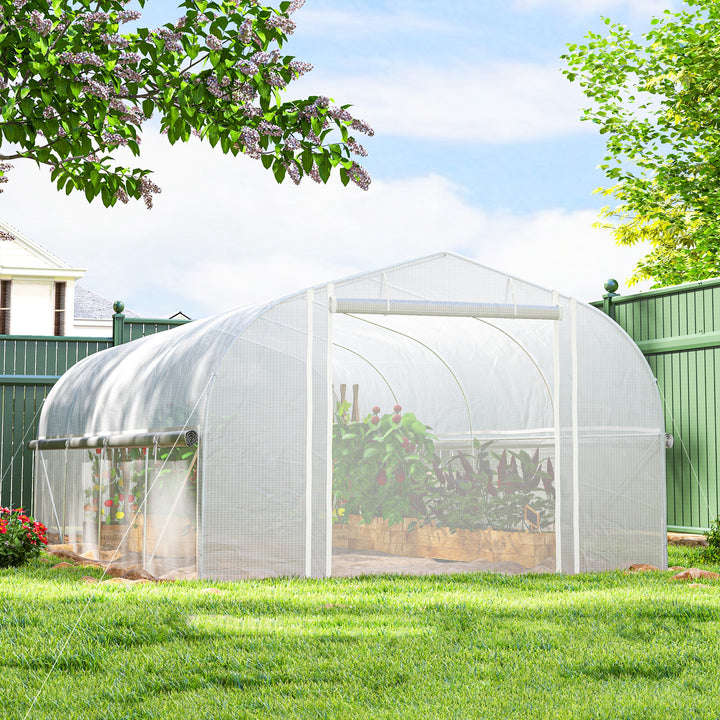Outsunny 19.5' x 10' x 7.5' Walk-in Tunnel Greenhouse with 3 Roll-Up Doors and Large Mesh Windows, Outdoor Green House, Plant Hot House Tent with Galvanized Steel Frame, Green