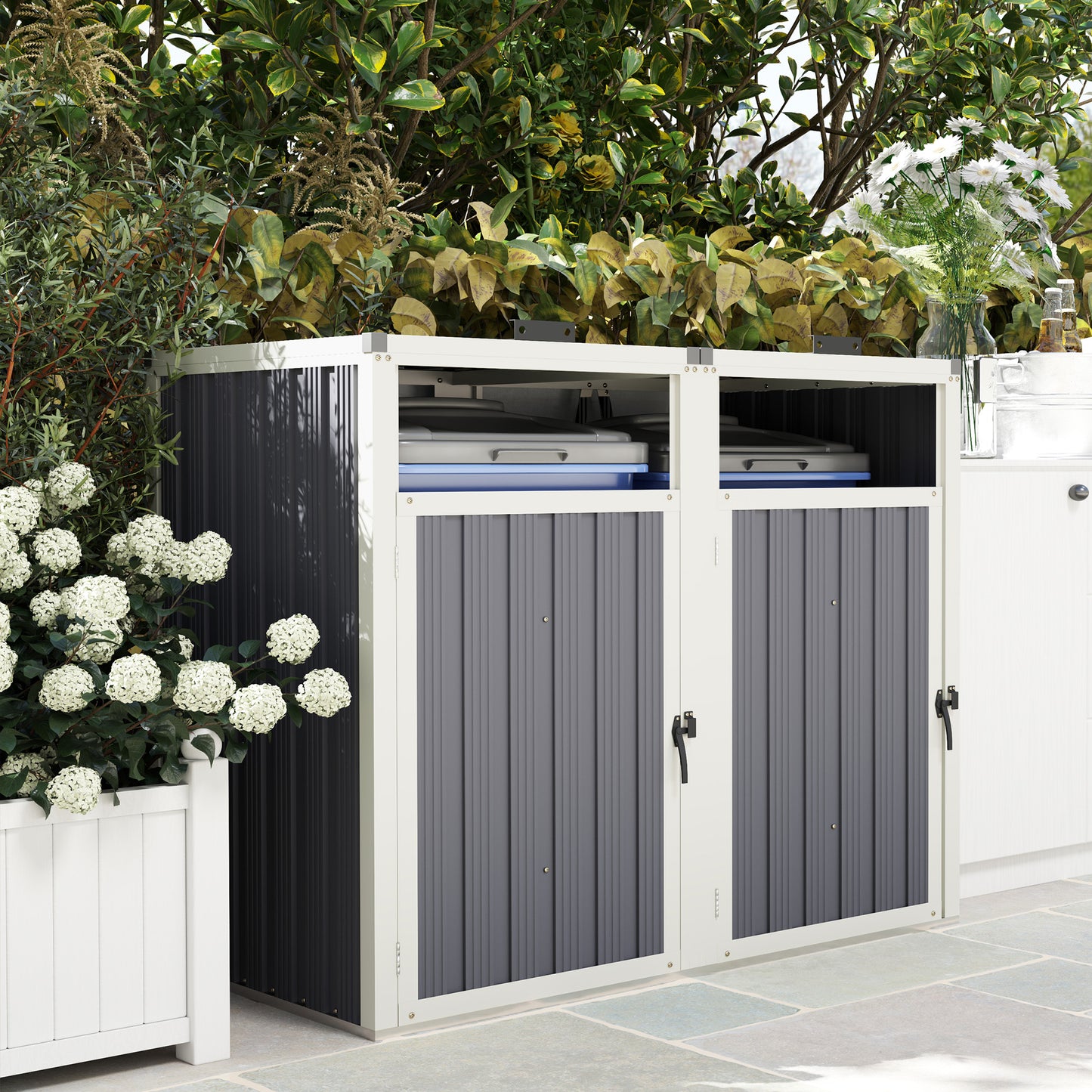 Outsunny Double Garbage Bin Shed, Lockable Outdoor Storage Shed with Openable Lid, Galvanized Frame for Garden Patio, Dark Grey