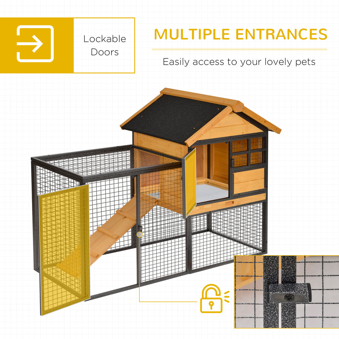 PawHut Wood-Metal Large Rabbit Hutch Bunny Cage Pet House Small Animal Habitat with Slide-Out Tray, Lockable Door, Water-Resistant Asphalt Roof, Outdoor Indoor Use, 48"x25"x36"