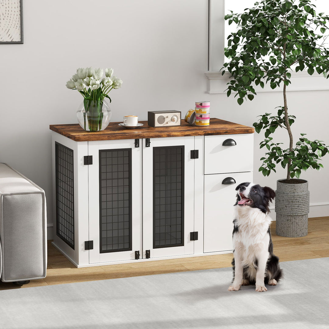 PawHut 44" Dog Crate Furniture with Double Doors, Storage Drawer, for Medium Dogs, White