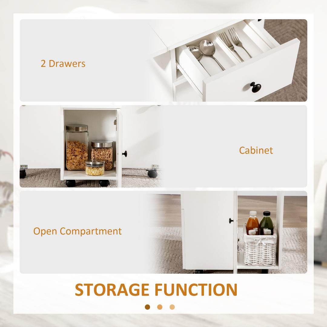 HOMCOM Foldable Dining Table, Rolling Kitchen Table with Storage Drawers and Cabinet, Drop Leaf Table on Wheels, White