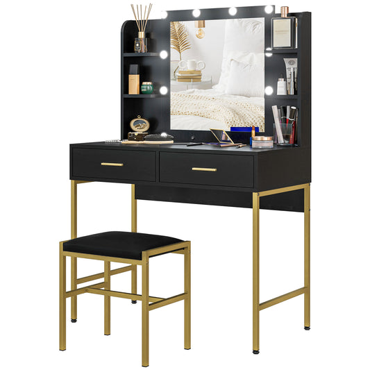 HOMCOM Makeup Vanity Desk Set with Lighted Mirror, Stool, Drawers, Shelves, 2 Lighting Modes, Dressing Table, Black