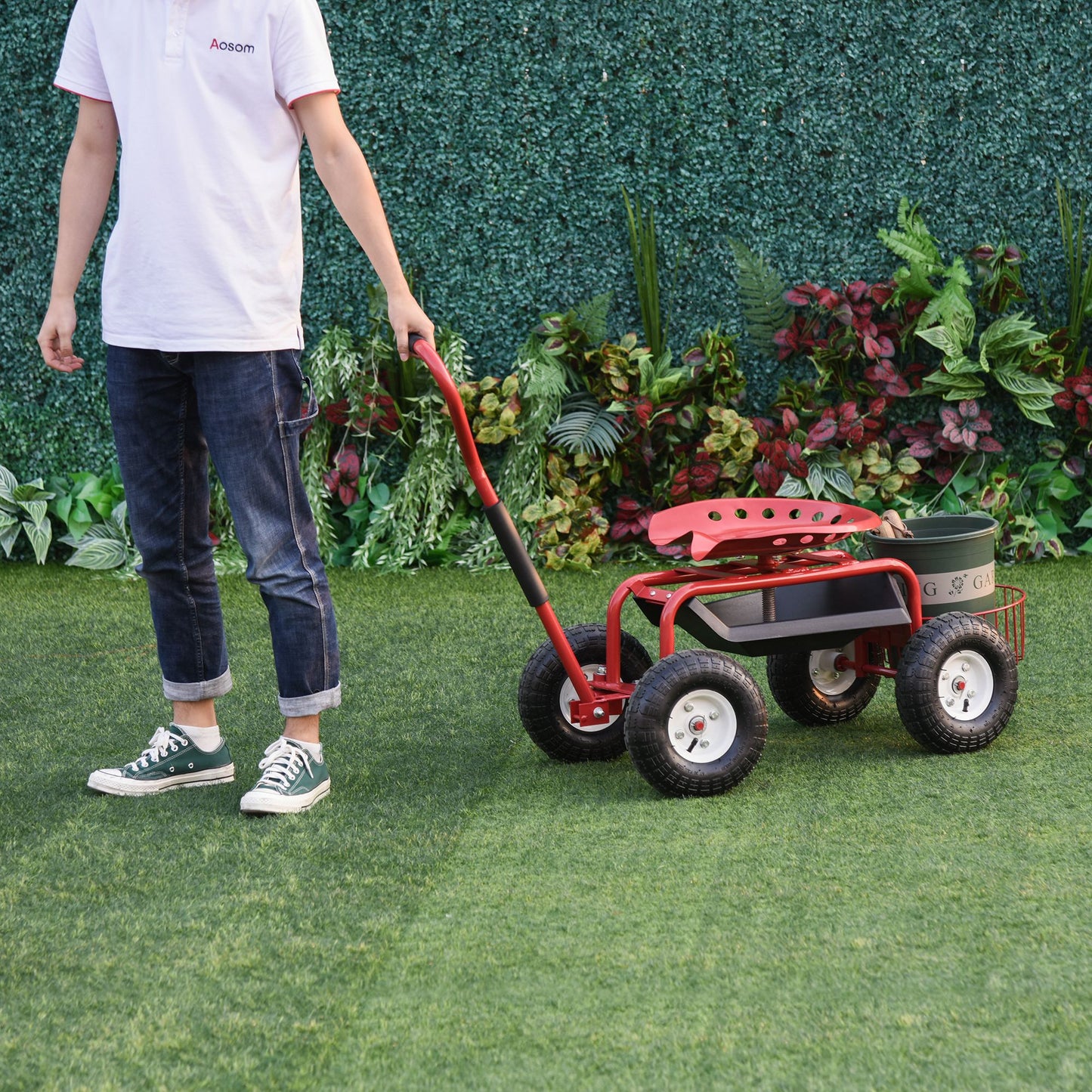 Outsunny Garden Scooter, Rolling Cart with Swivel and Adjustable Seat, Tool Tray, Bucket Basket, Red and Black