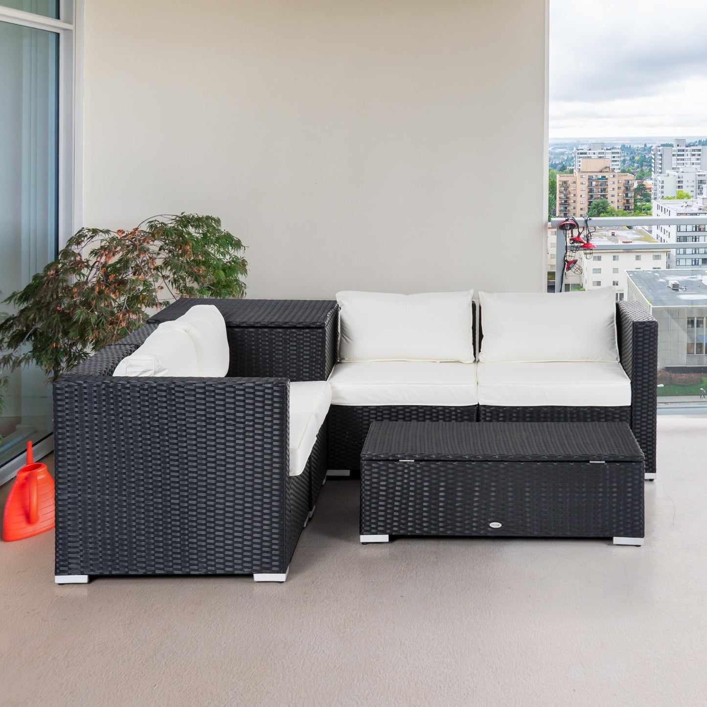 Outsunny 6 Pieces Patio Furniture Set with Cushion, Outdoor PE Rattan Wicker Sectional Conversation Furniture Sofa with Storage Table and Coffee Table, Beige