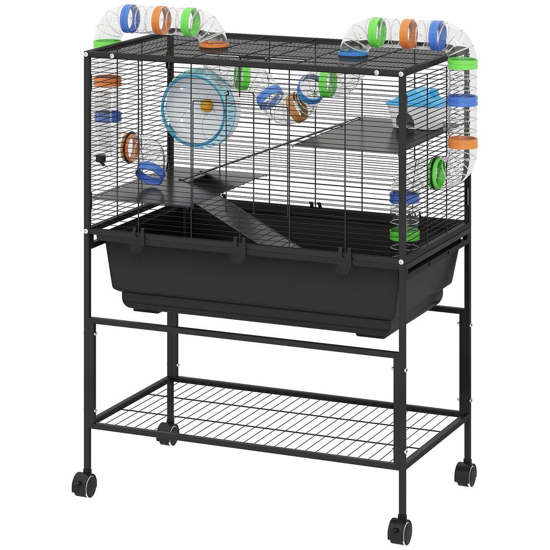 PawHut 3 Tier Rolling Hamster Cage with 7" Deep Tray, Storage Shelf, Big Exercise Wheel, Tube System, for Syrian, Gerbil, Rat